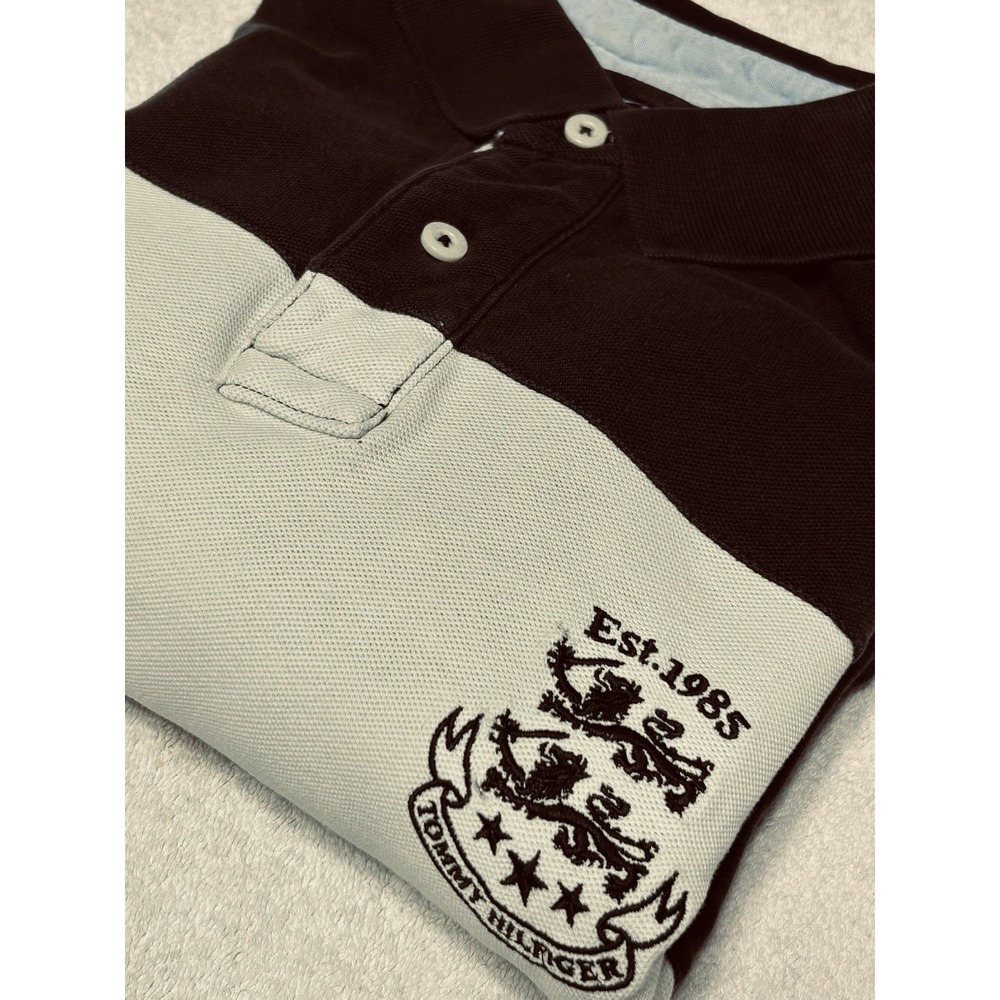 Tommy Hilfiger Crest Colorblock Polo Shirt Mens XL Dark Brownish Black White Y2K